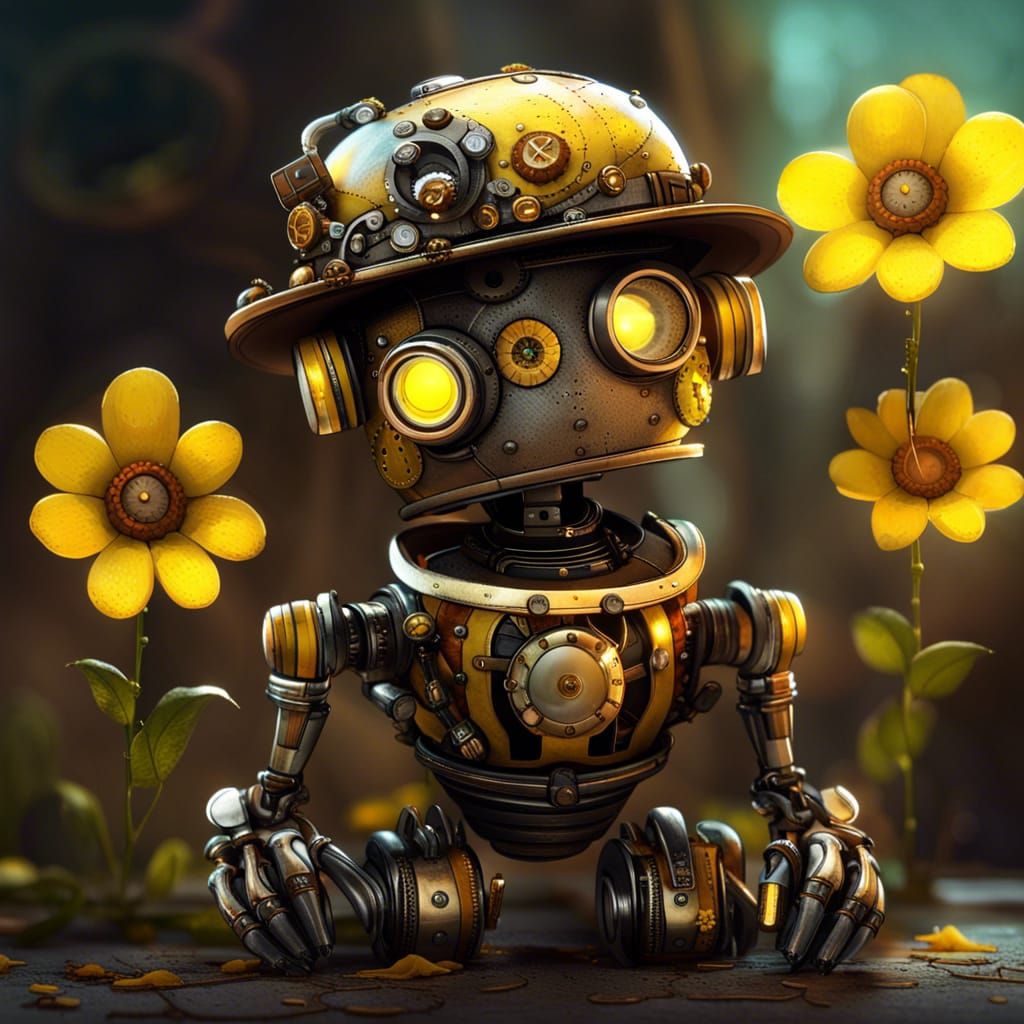 Steampunk Robot with Yellow Flower, Hyperrealistic Art