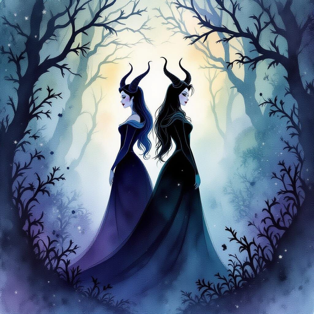 Two Maleficents in Watercolor Alcohol Ink Style