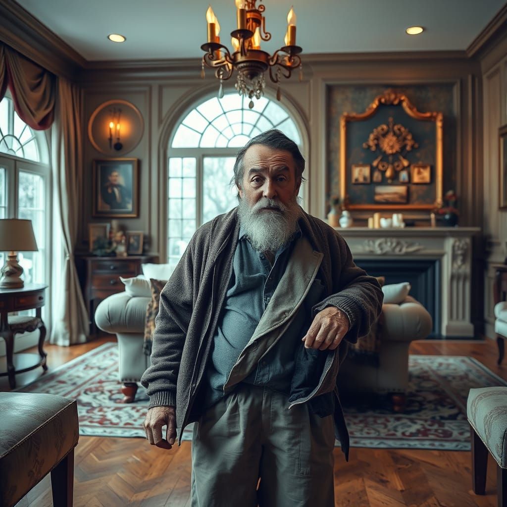 Rich Man in Luxury Home Wears Poor Man's Clothes