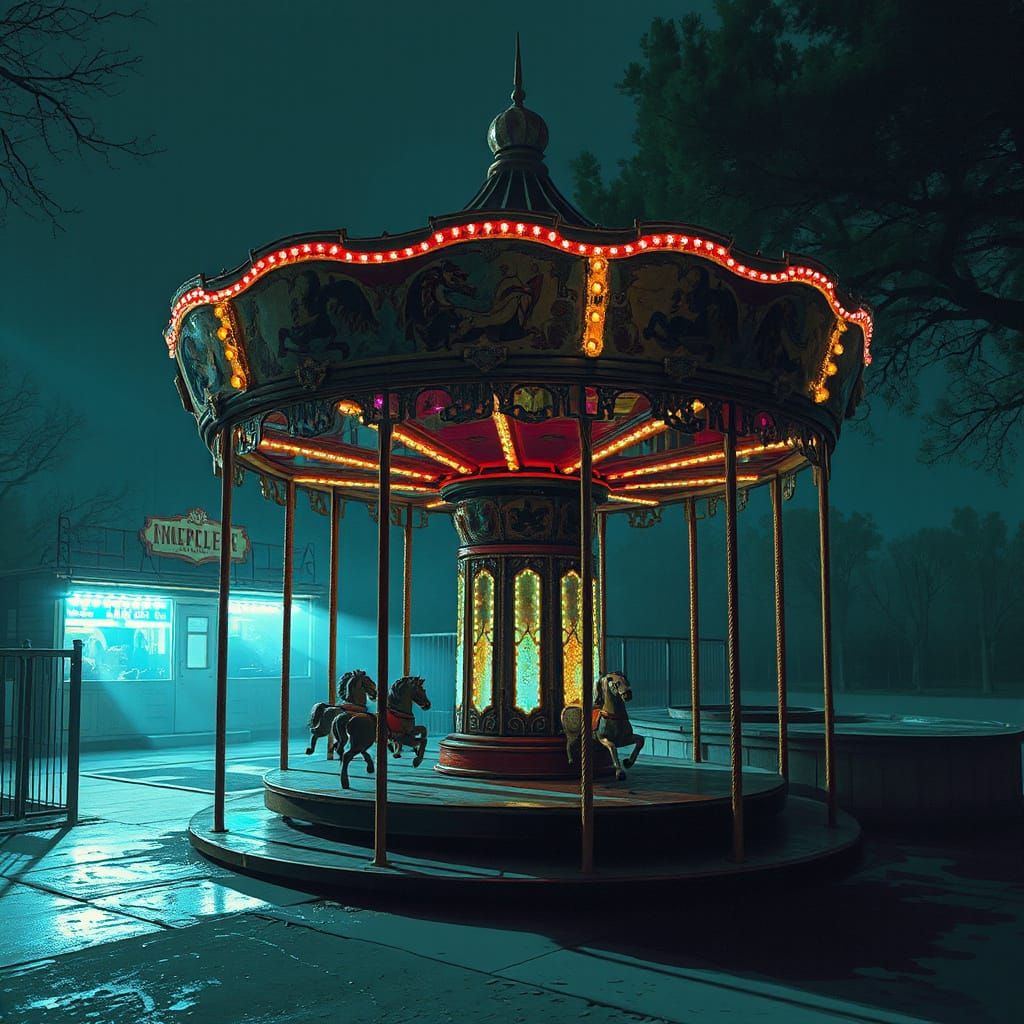 Eerie Carousel in Dark Amusement Park, Painterly Style