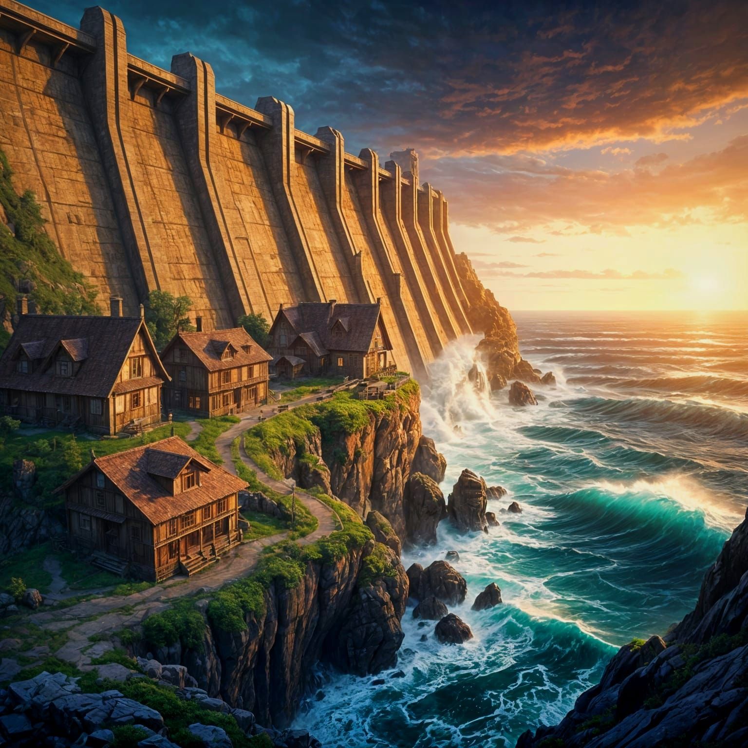 Village Beset by a Turbulent Sea in a Fantastical Dam