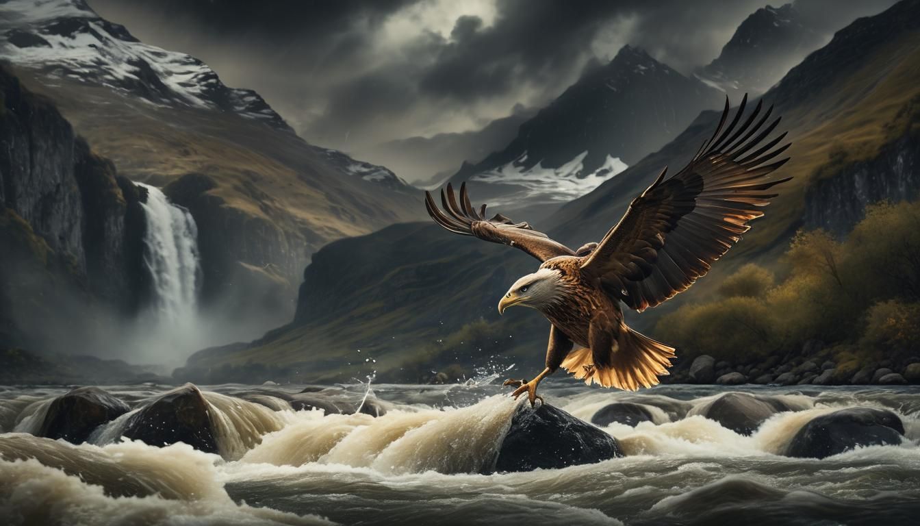 Majestic Bird Catching Fish in Mountain River