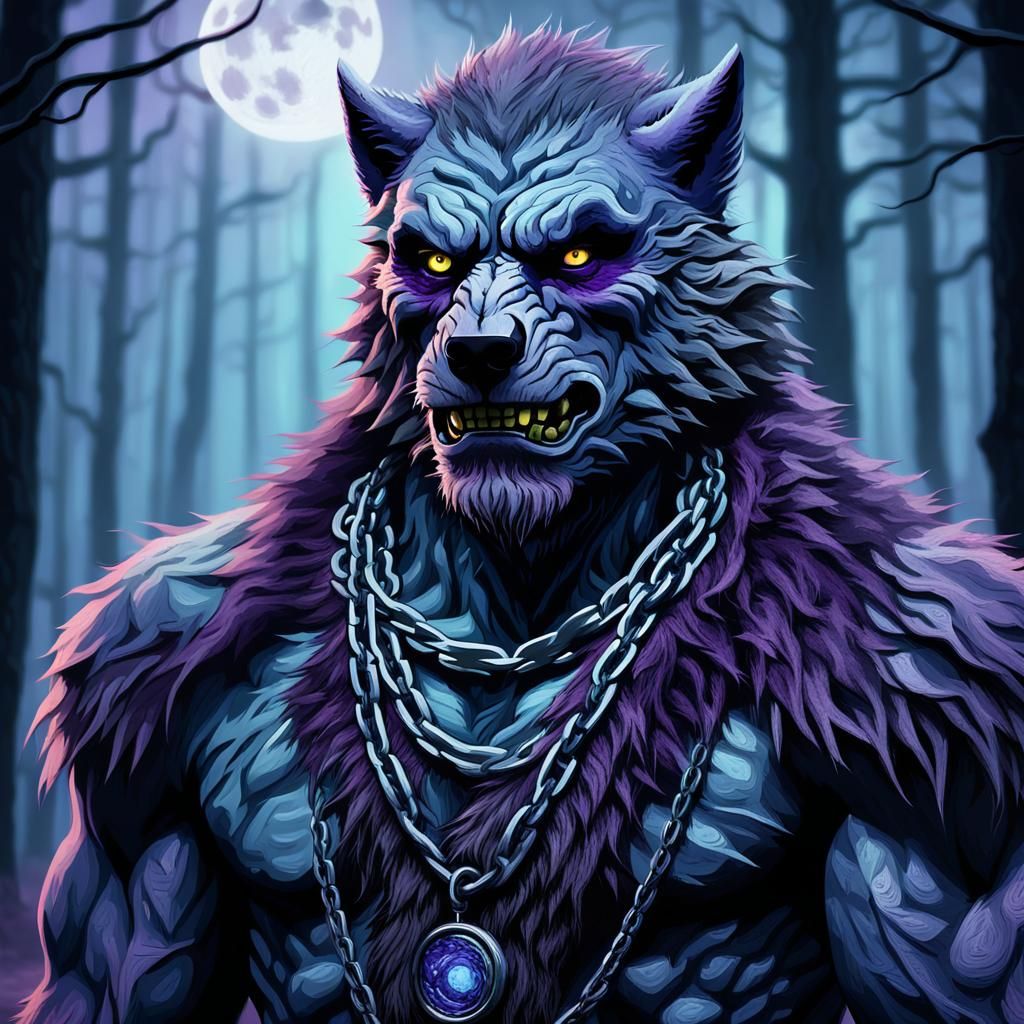 Surreal Purple Wolfman in Misty Forest