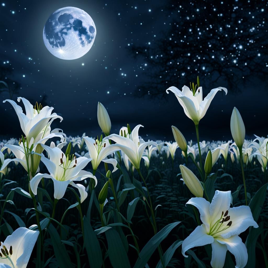 Moonlit Lilies: A Hyperrealistic Fantasy Scene