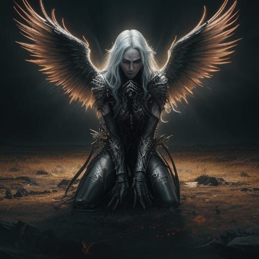 Fallen Angel Kneeling in Desolate Wasteland