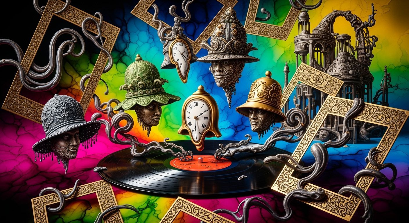 Surreal Floating Heads with Bell Hats in Psychedelic Ink