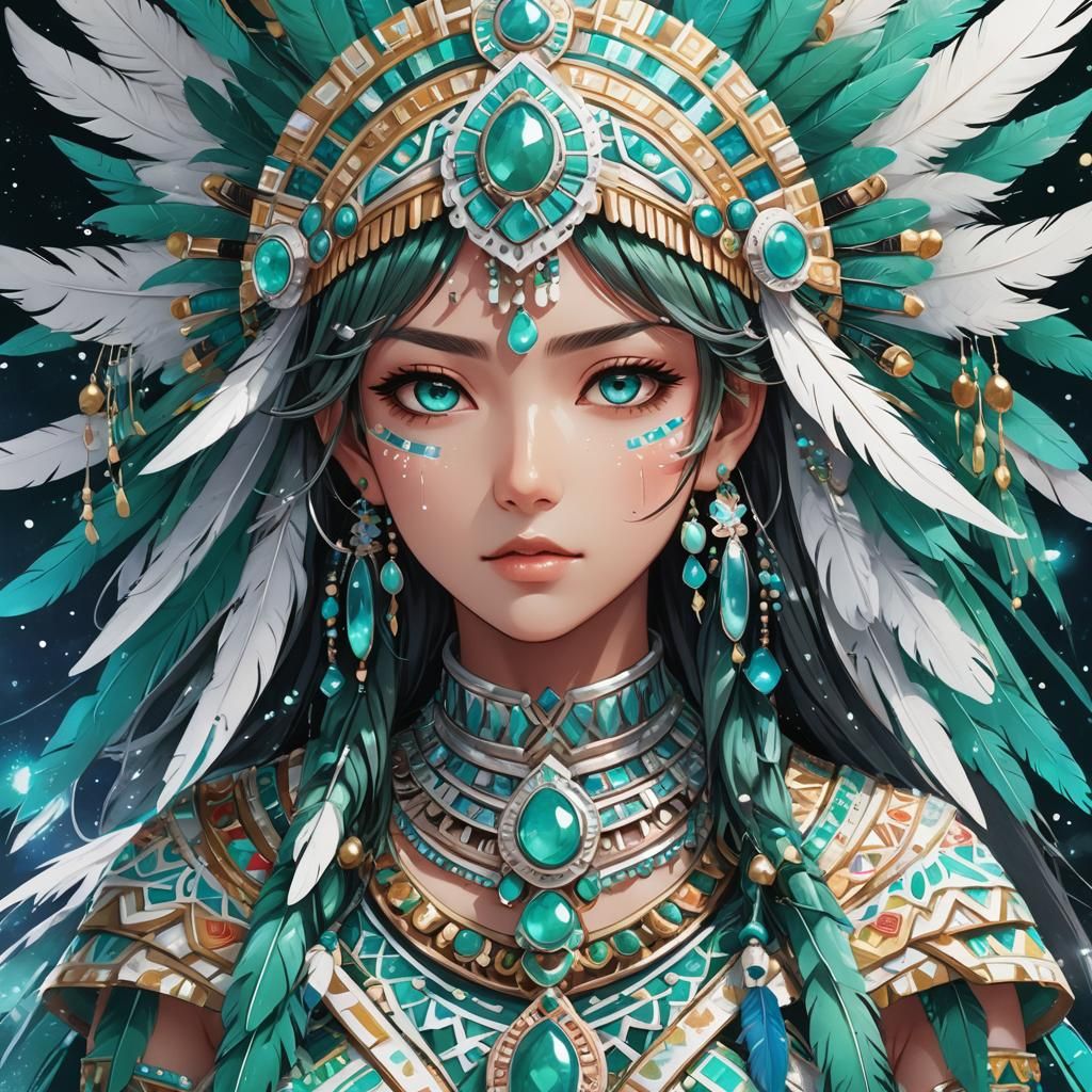 Aztec Waifu in Anime Style with Iridescent Colors