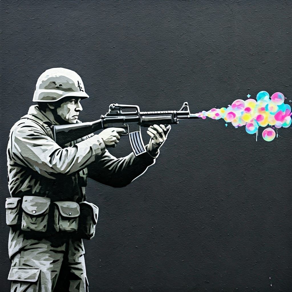Satirical Street Art: Soldier Shooting Soap Bubbles