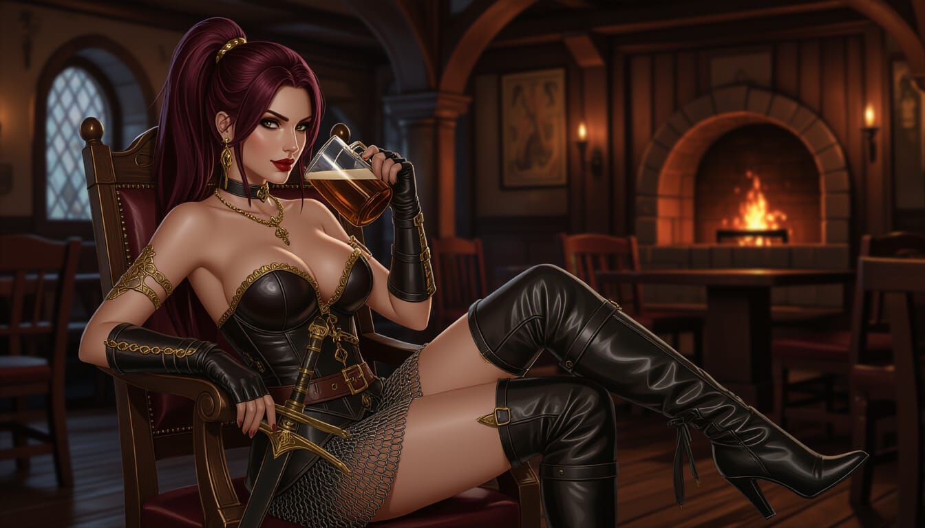 Fantasy Adventurer Woman in Tavern Night Scene