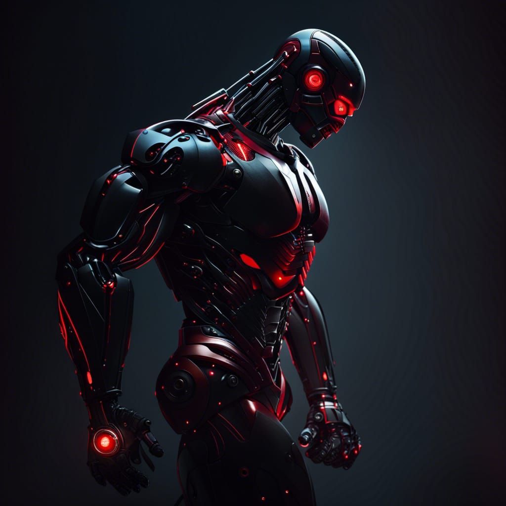 Hypermuscular Black and Red Bodybuilder Robot Concept Art