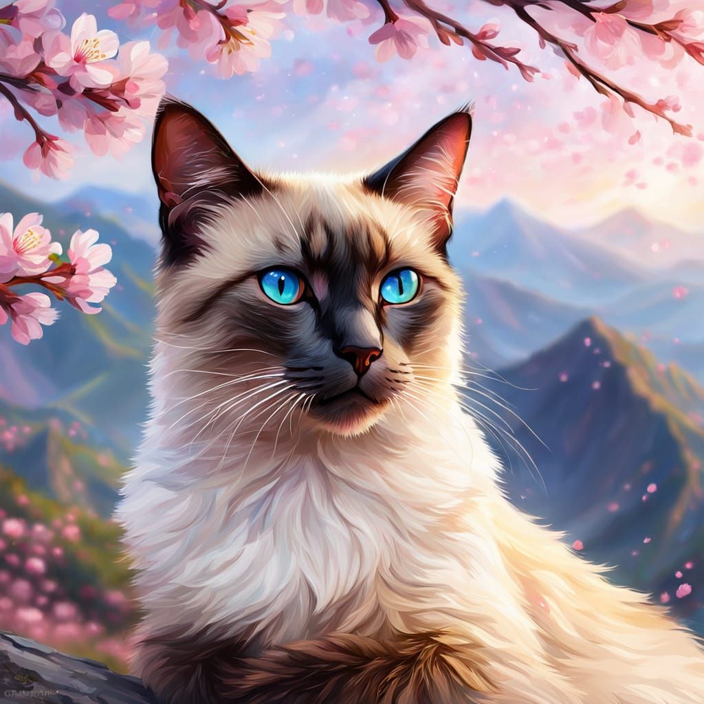 Siamese Cat Under Cherry Blossom in Impressionist Style