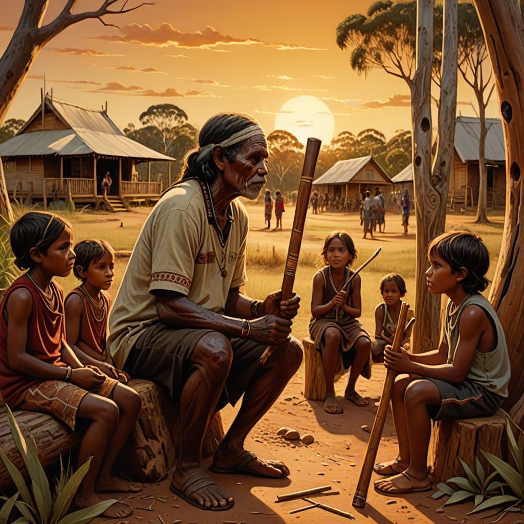 Aboriginal Man Making Didgeridoo Watched by Children