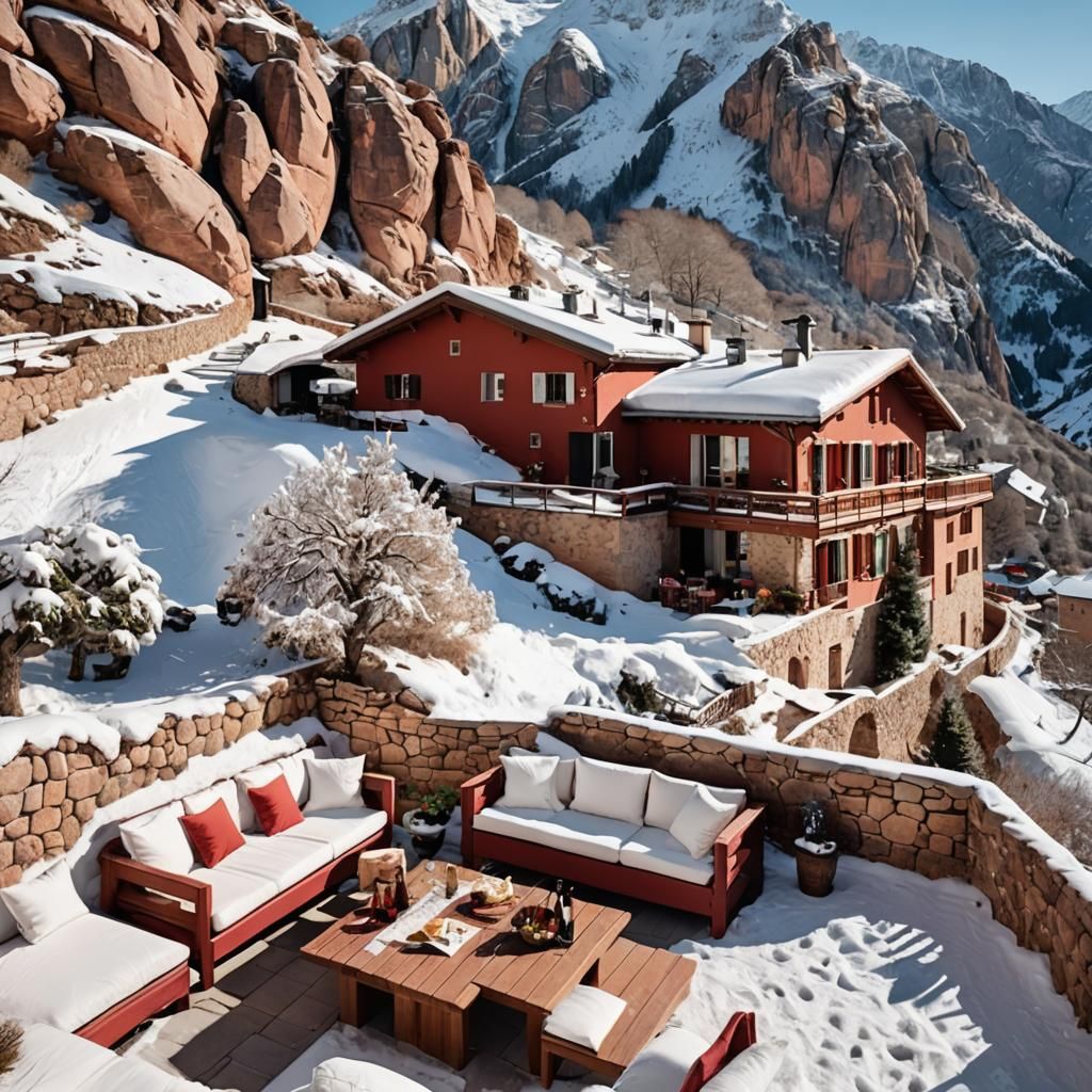 Sunny Terrace in French Alps With Wine