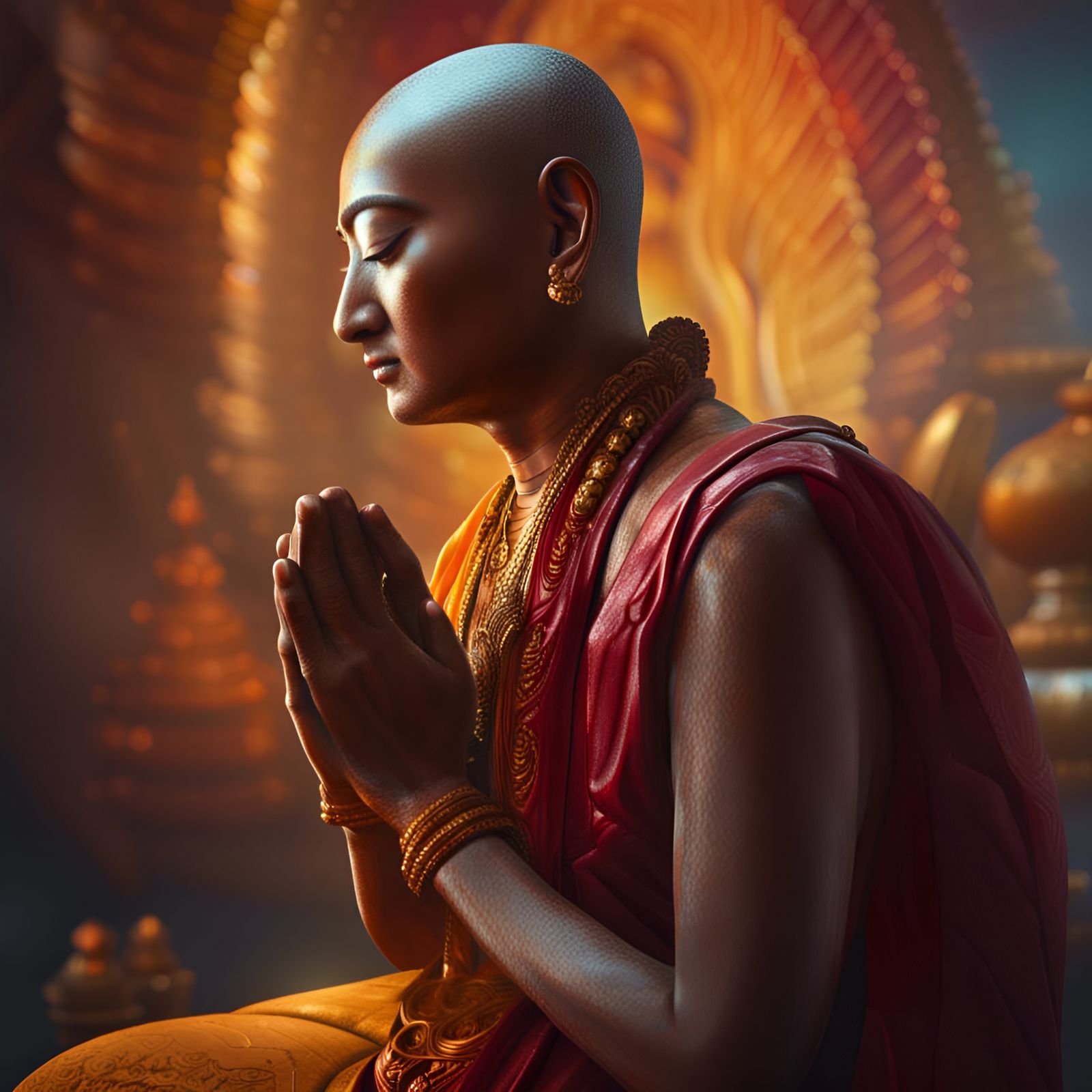 Buddhist Figure in Prayer: Hyperrealistic Splash Art
