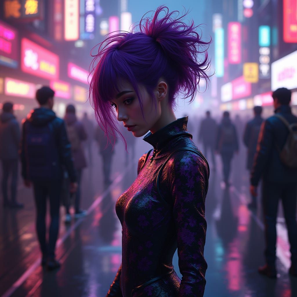 Vibrant 80s Anime-Inspired Woman in Neon Cityscape