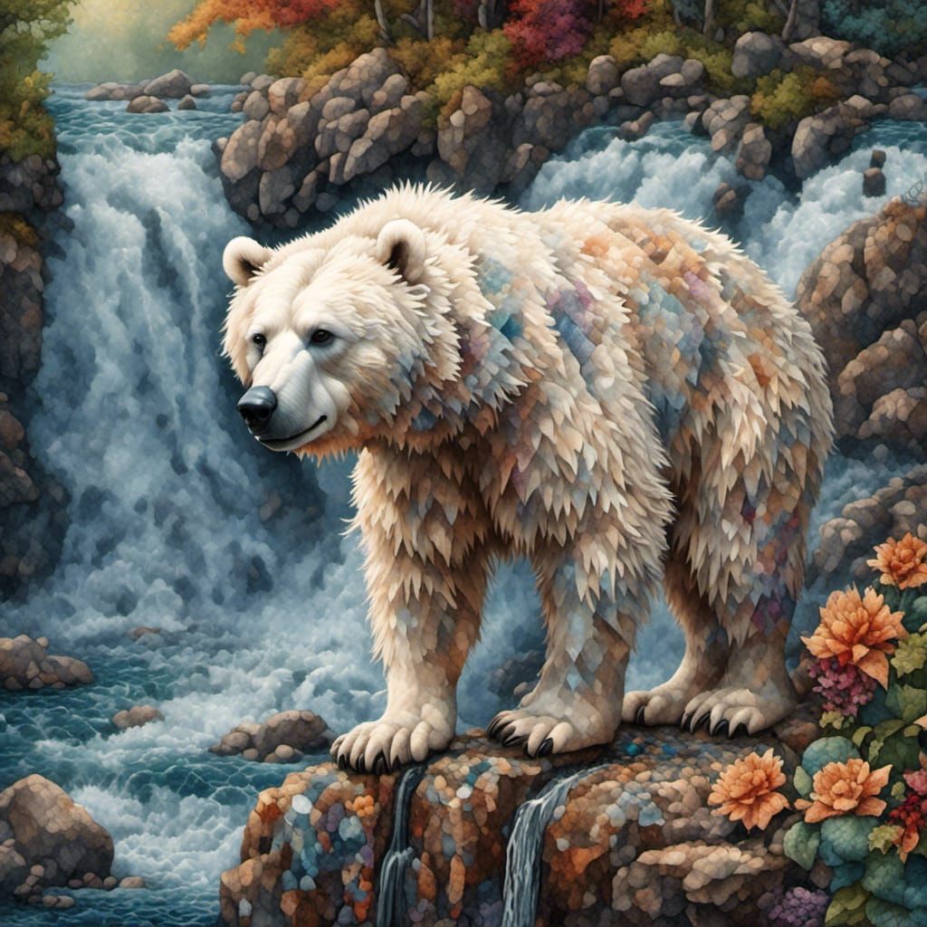 Spirit Bear Catching Salmon Near Waterfall