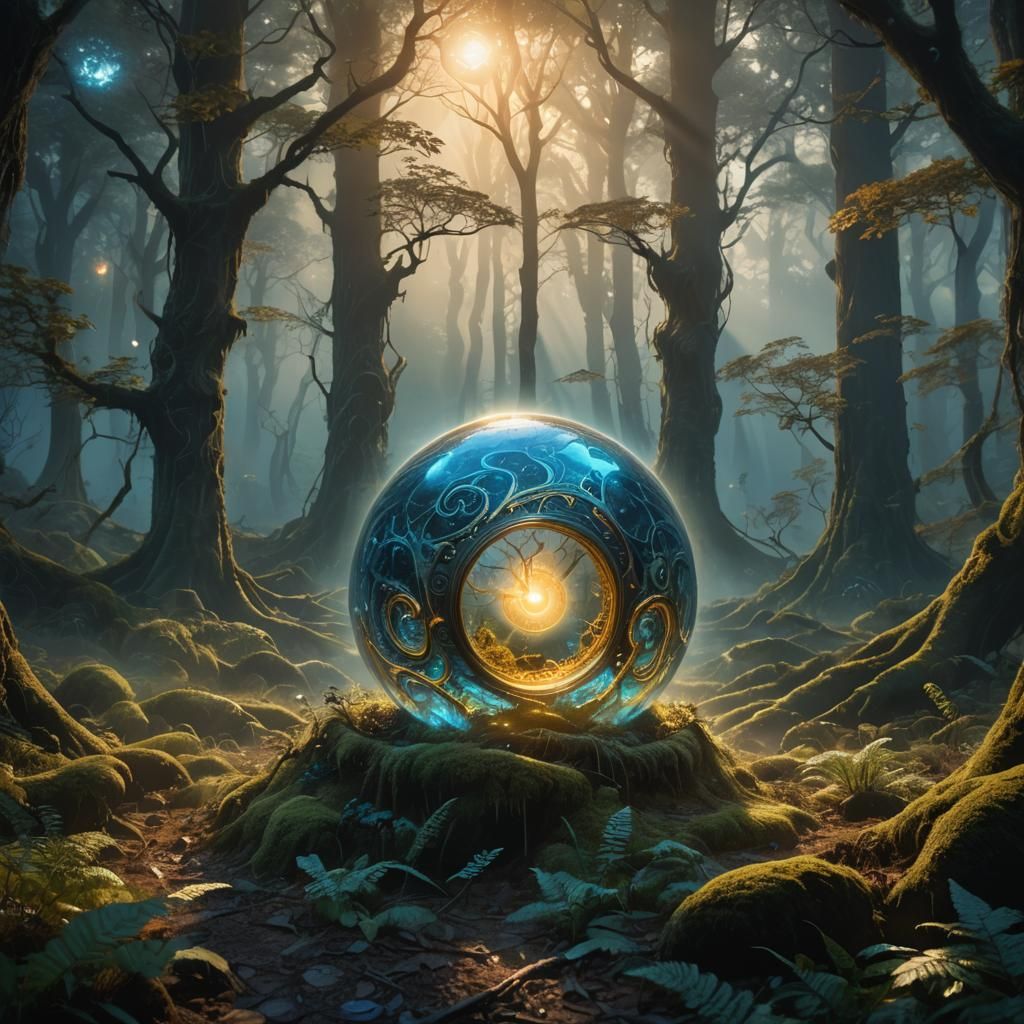 Glowing Time Ball in Misty Forest: Fantasy Art
