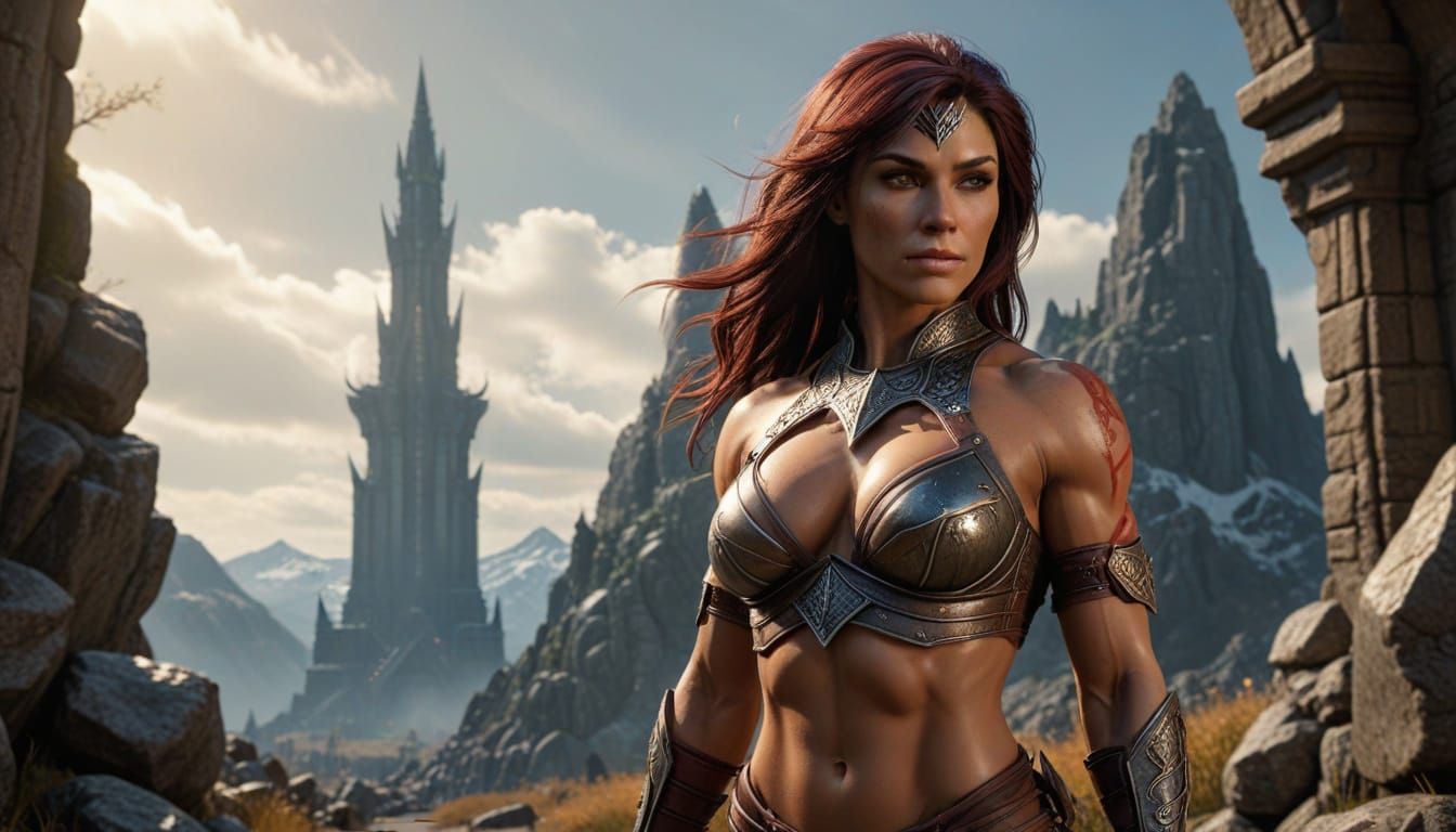 Amazonian Warrior Goddess with Herculean Physique Stands Vic...