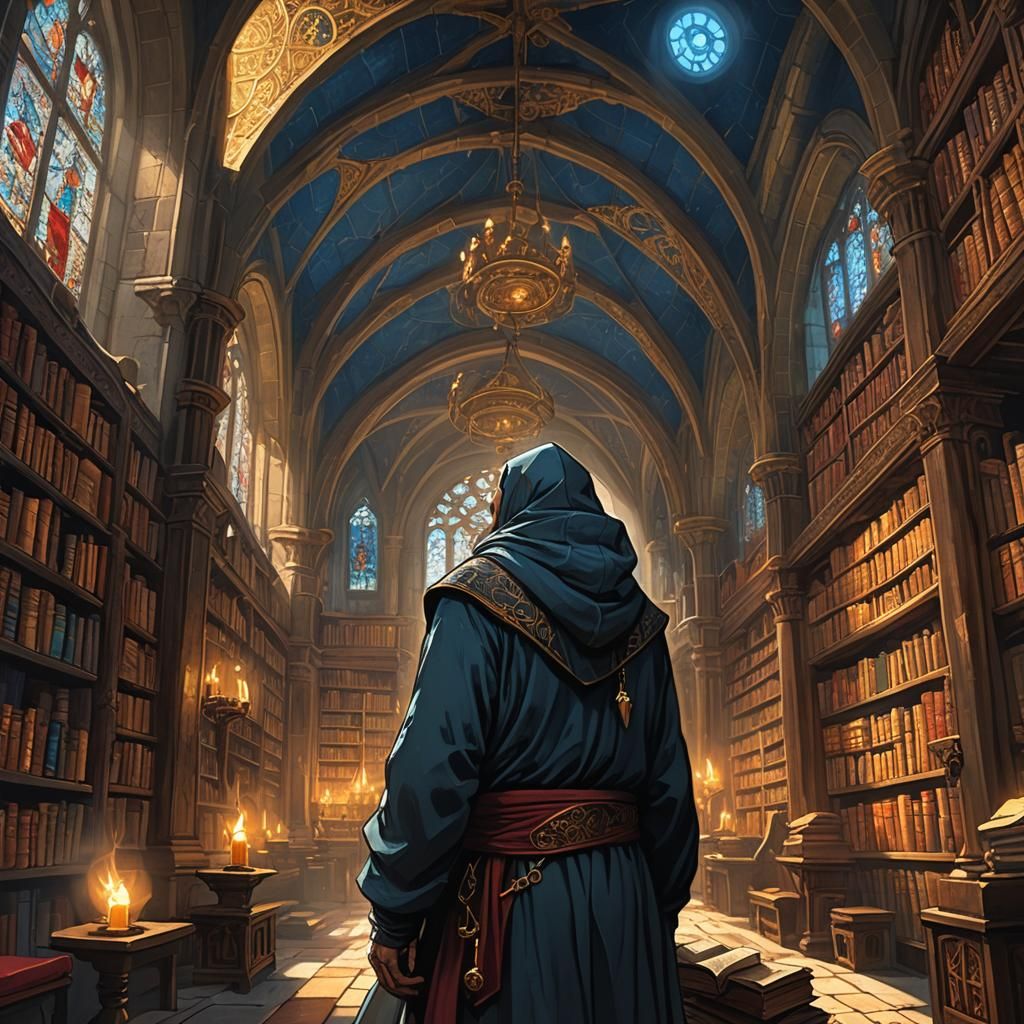Monk Searches for Ancient Tomes in Mystical Library