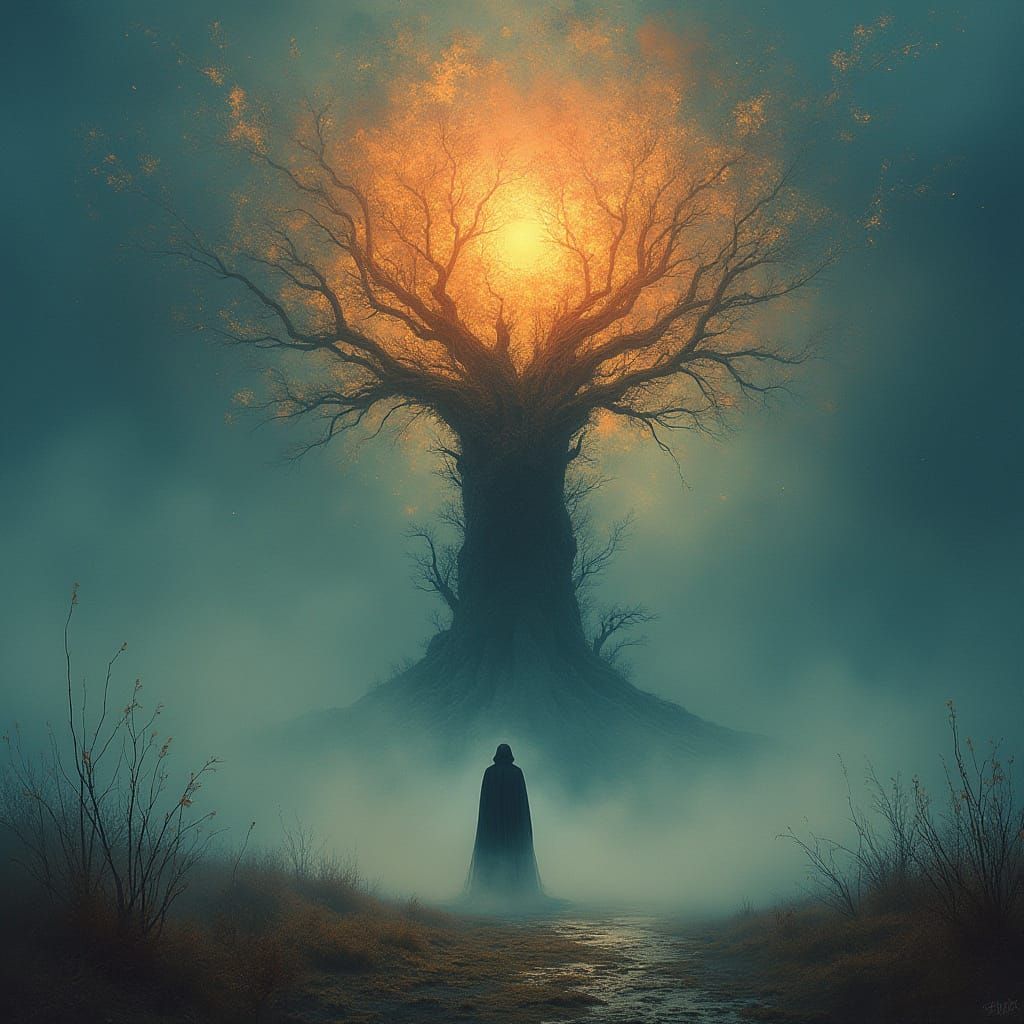 Mystical Figure in Dreamlike Landscape