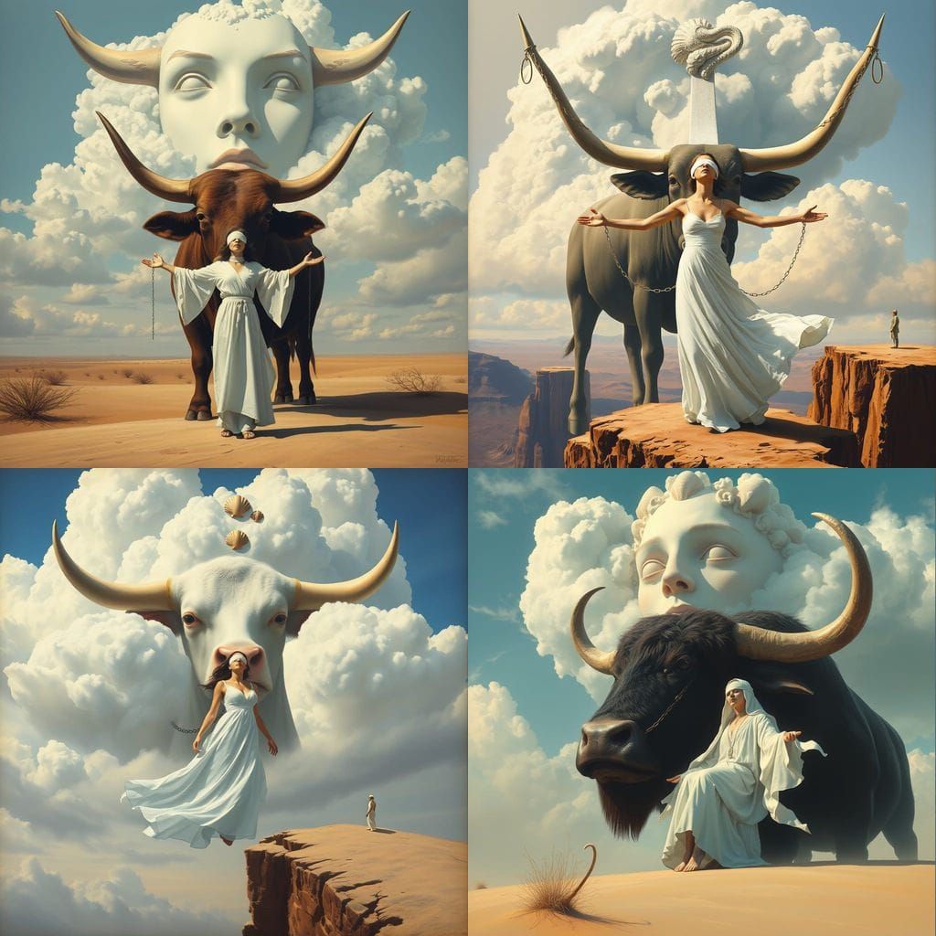 Surreal Ox Supports Face in Sky as Painterly Dream