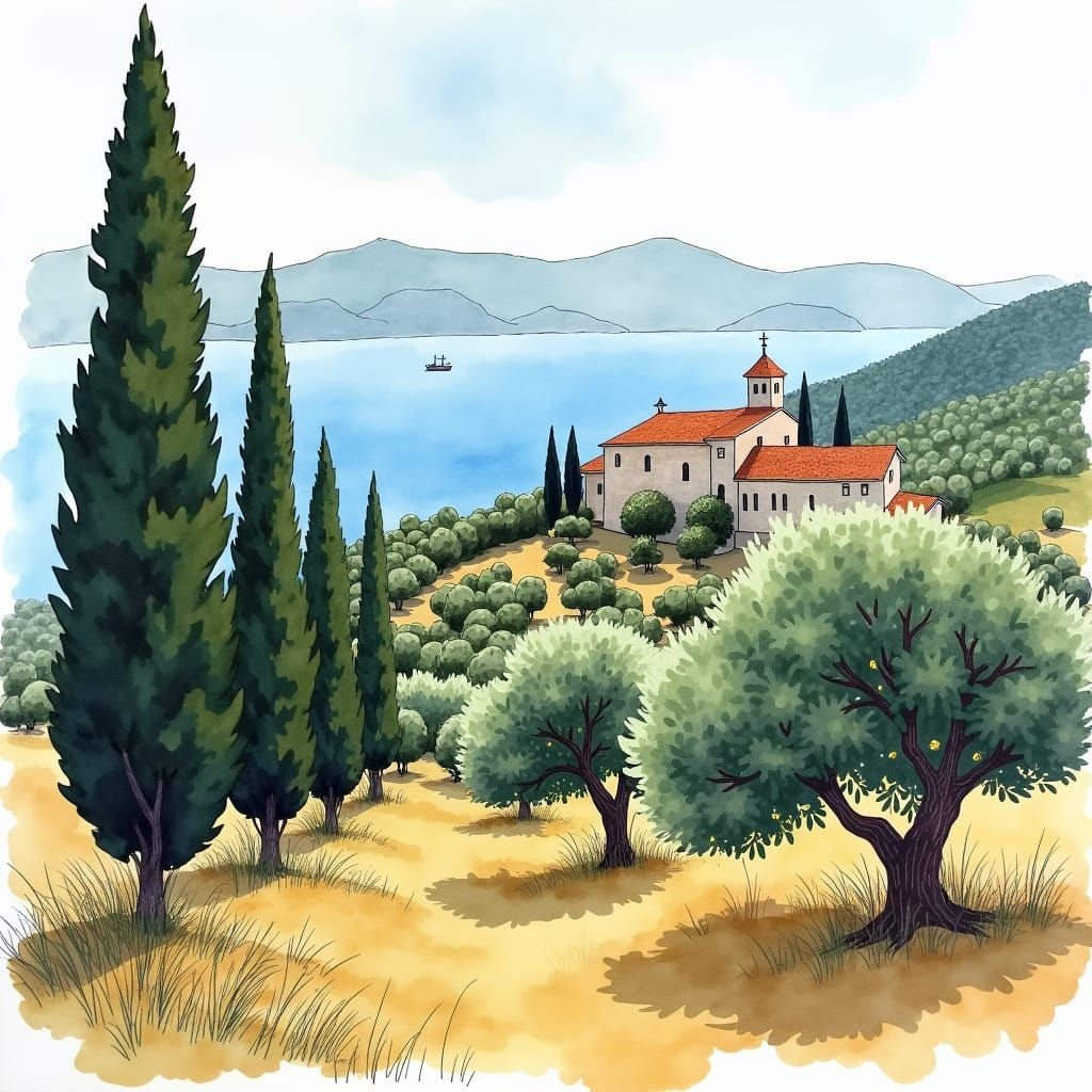 Adriatic Coast Watercolor Painting with Monastery