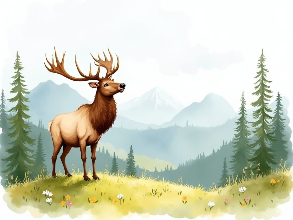 Elk in Mountain Clearing: Watercolor Storybook Illustration