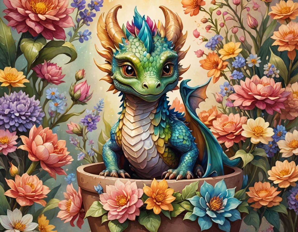 A cute miniature baby dragon sitting in a flower pot filled with colorful flowers