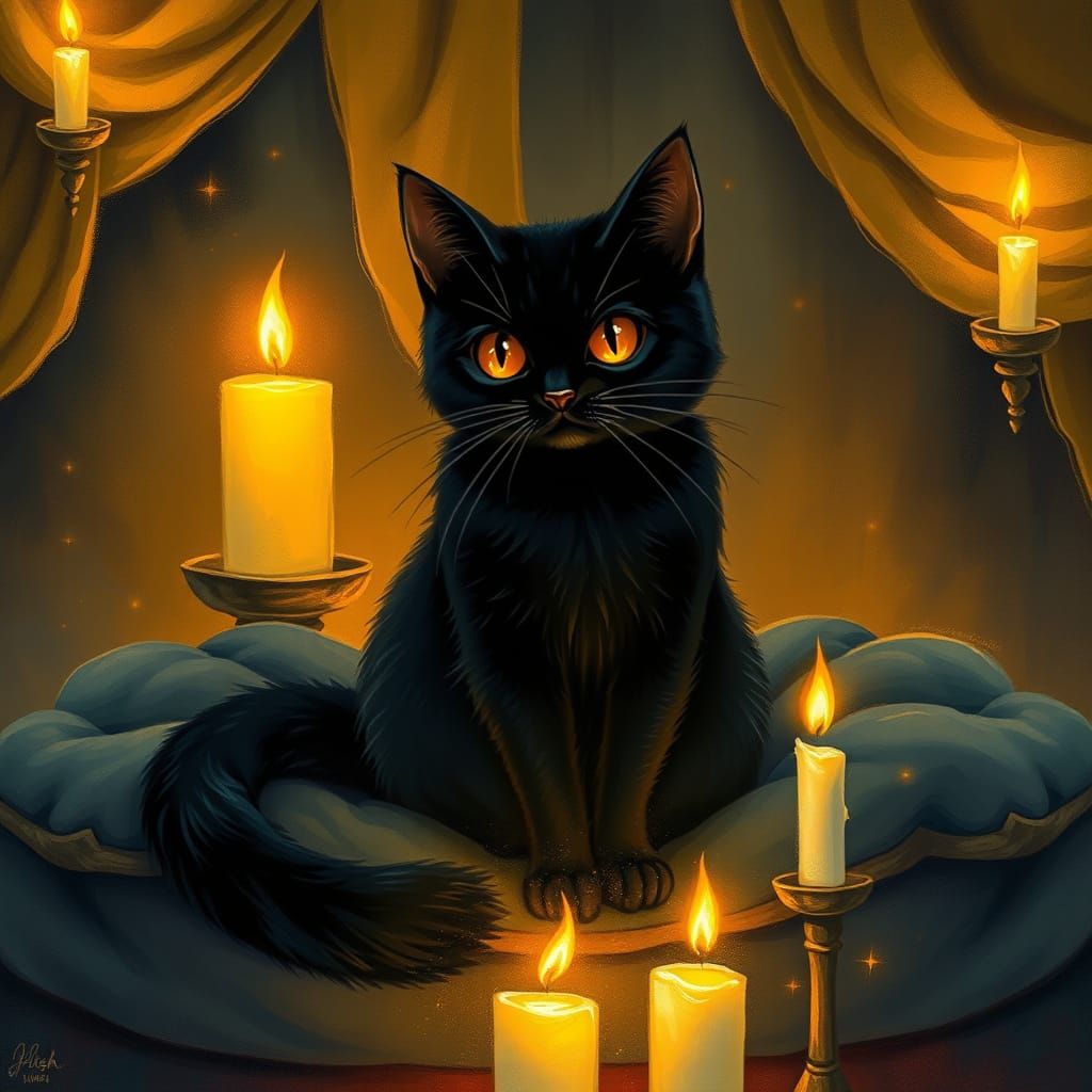 Black Cat with Candles in James Jean Style