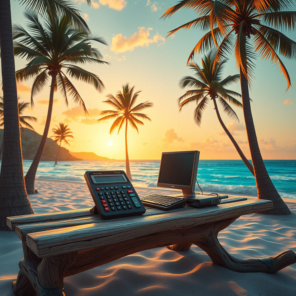 Calculator and Computer on Beach Date in Digital Art