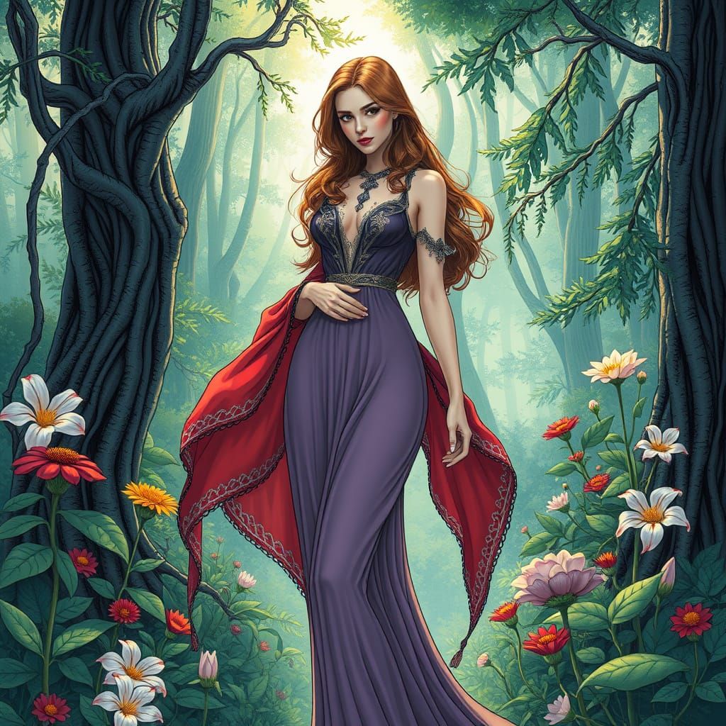 Mystical Forest: Woman in Elegant Attire