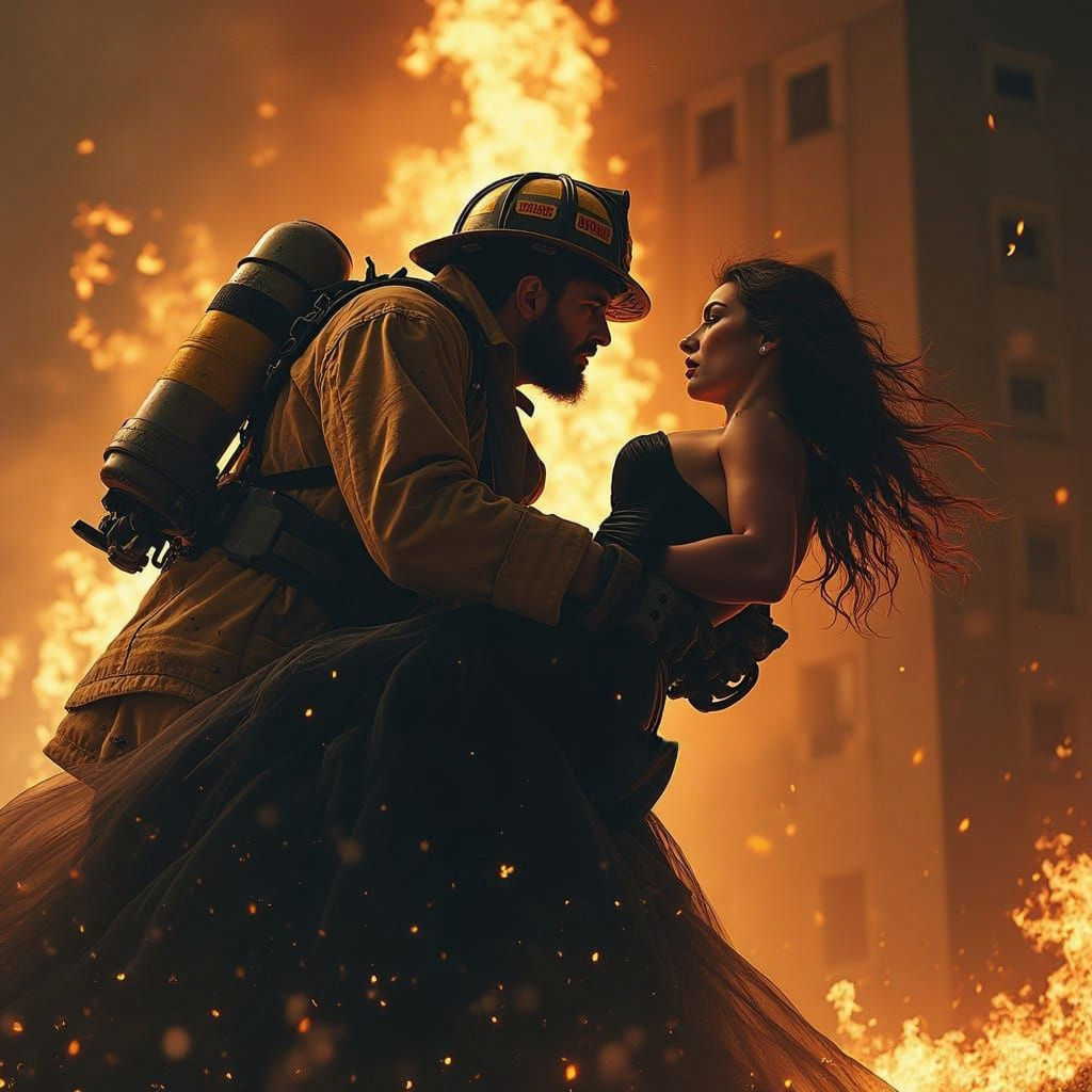 Fireman Rescuing Woman From Burning Building