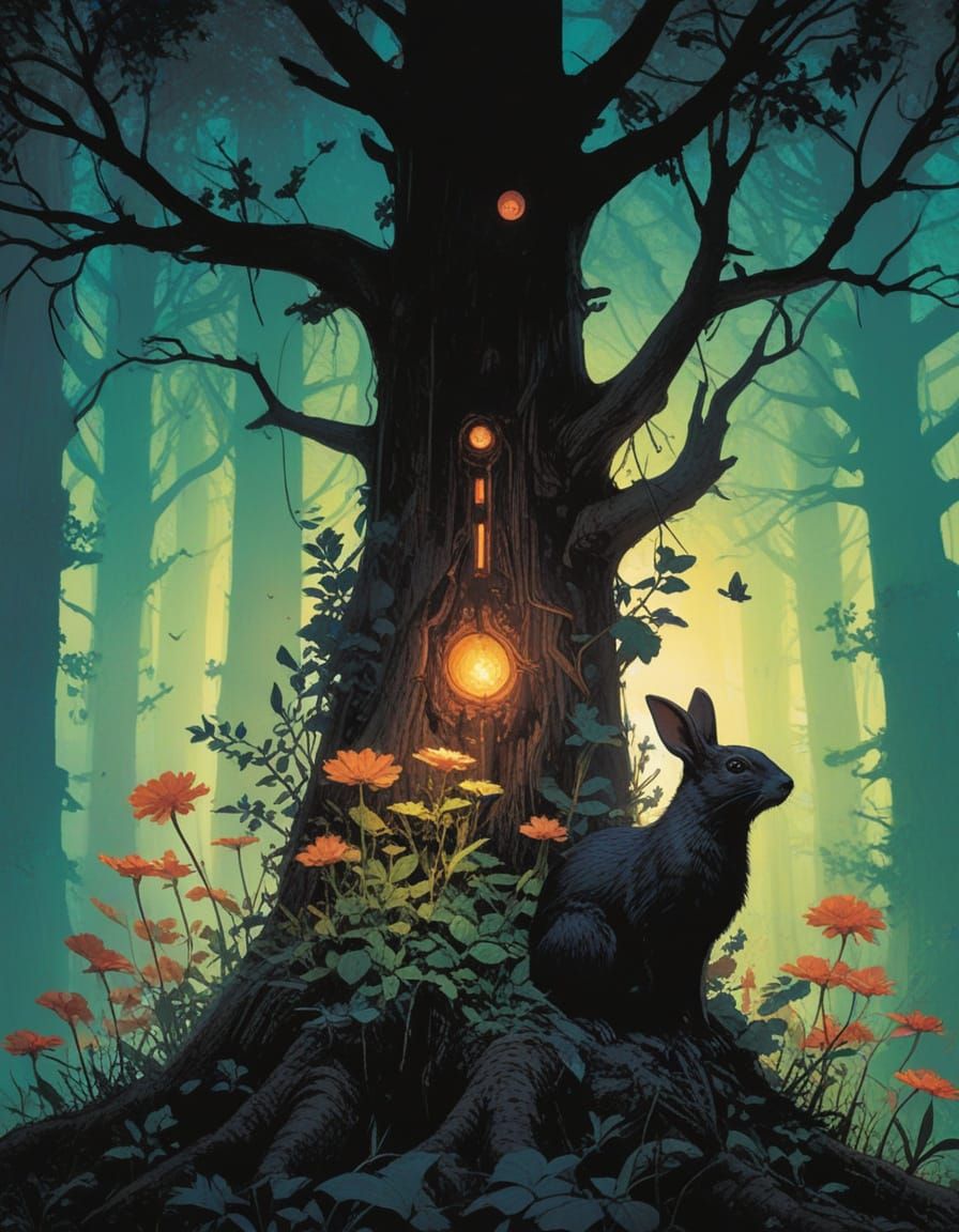 Mystical Creatures Praise Glowing Elemental Sword in Cyberpu...