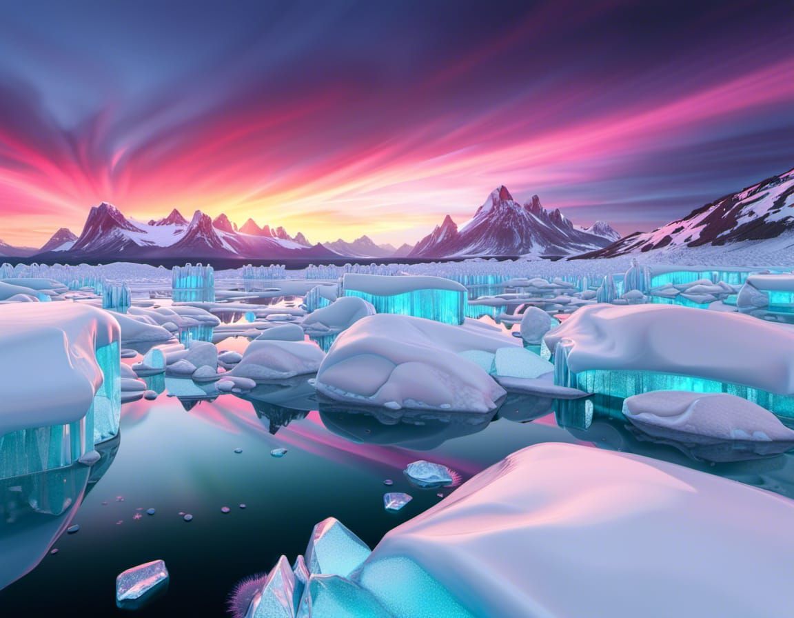 Icy Cyan Sunset Landscape in 3D
