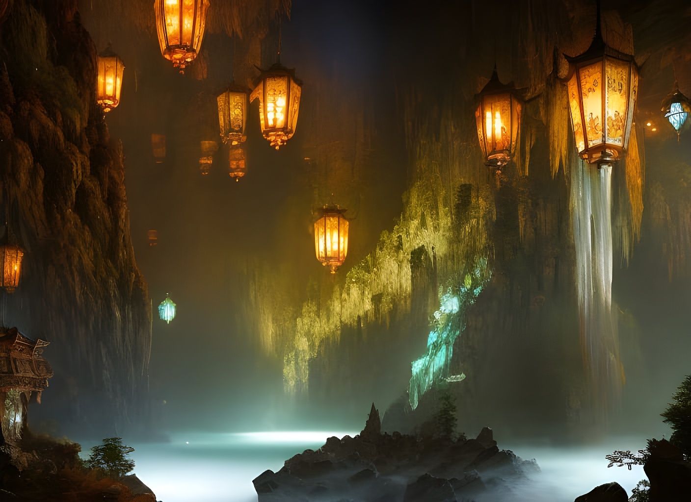 Detailed Stone Pillars in Underground Cave Fantasy Art