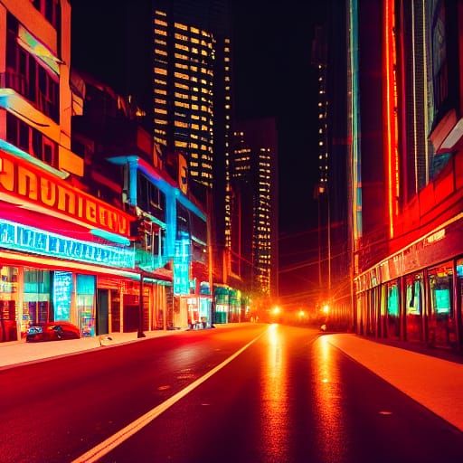 Night City Street View with Neon Lights