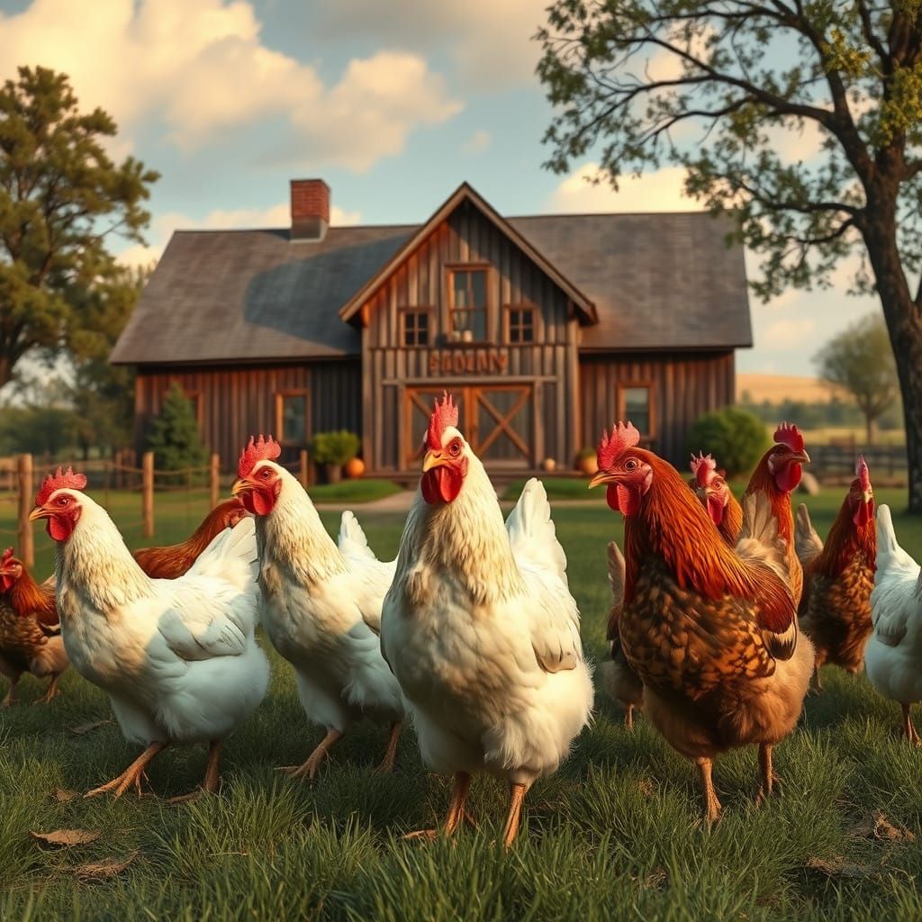 Rustic Farmhouse Scene with Realistic Chickens