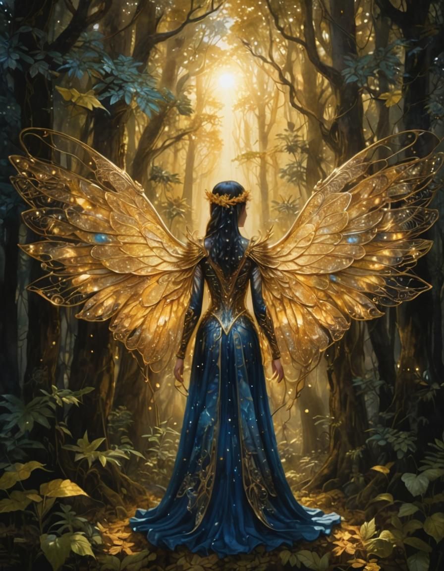 Golden Beauty in Shimmering Forest: Watercolor Fantasy