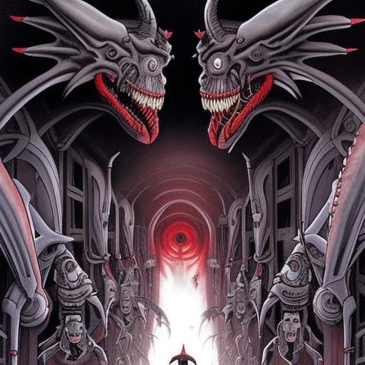 Dystopian City Under Attack: Dark Fantasy Masterpiece