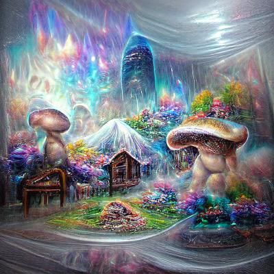 Holographic Mushroom Village Illustration