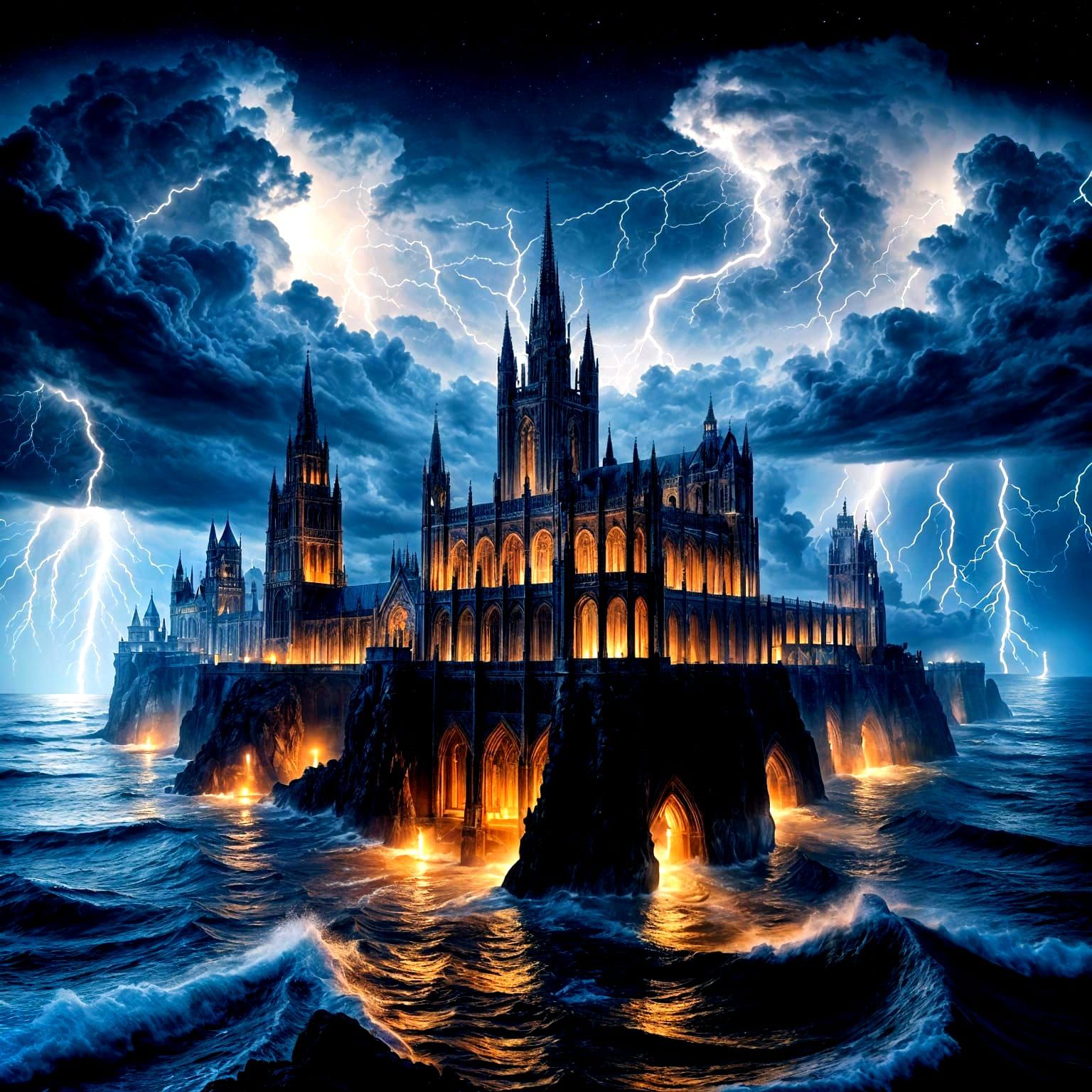 Gothic Castle Emerges From Ocean During Lightning Storm