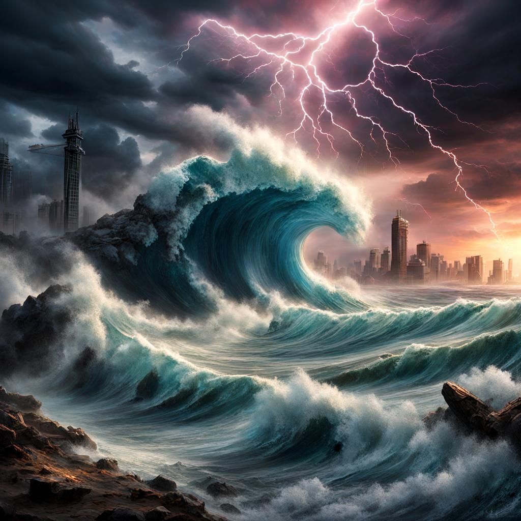 Vivid Tsunami Tears Through Fantasy Landscape