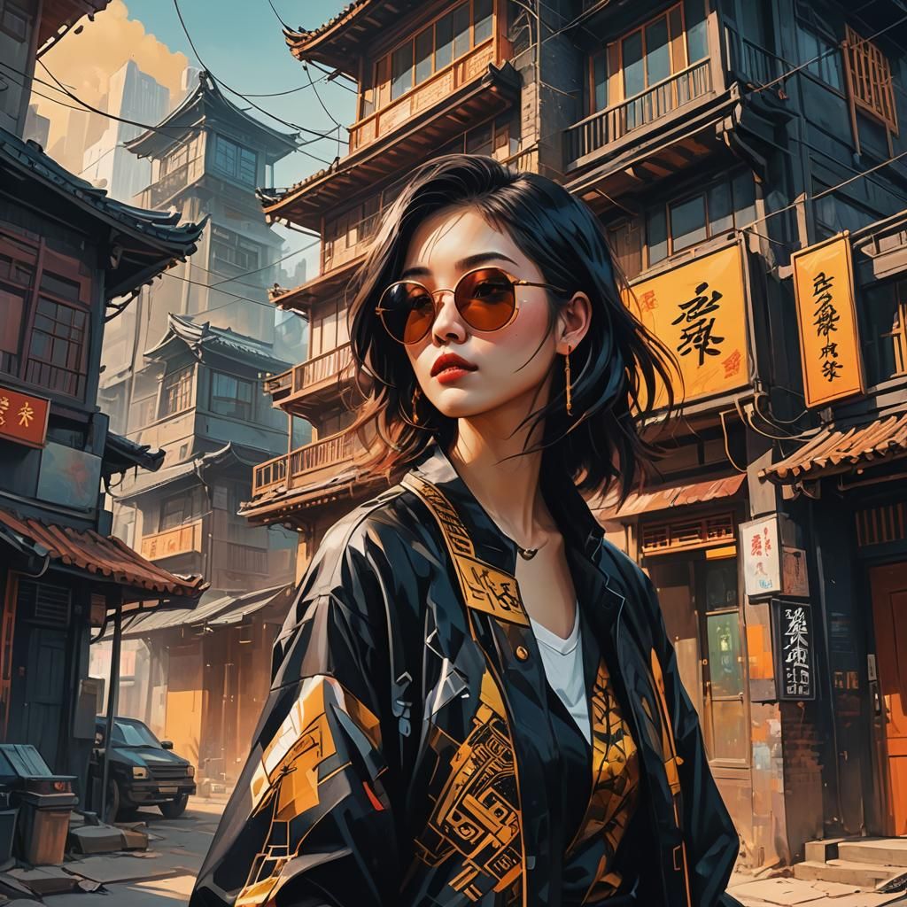 Cyberpunk Manga Woman Beside Old-Fashioned House