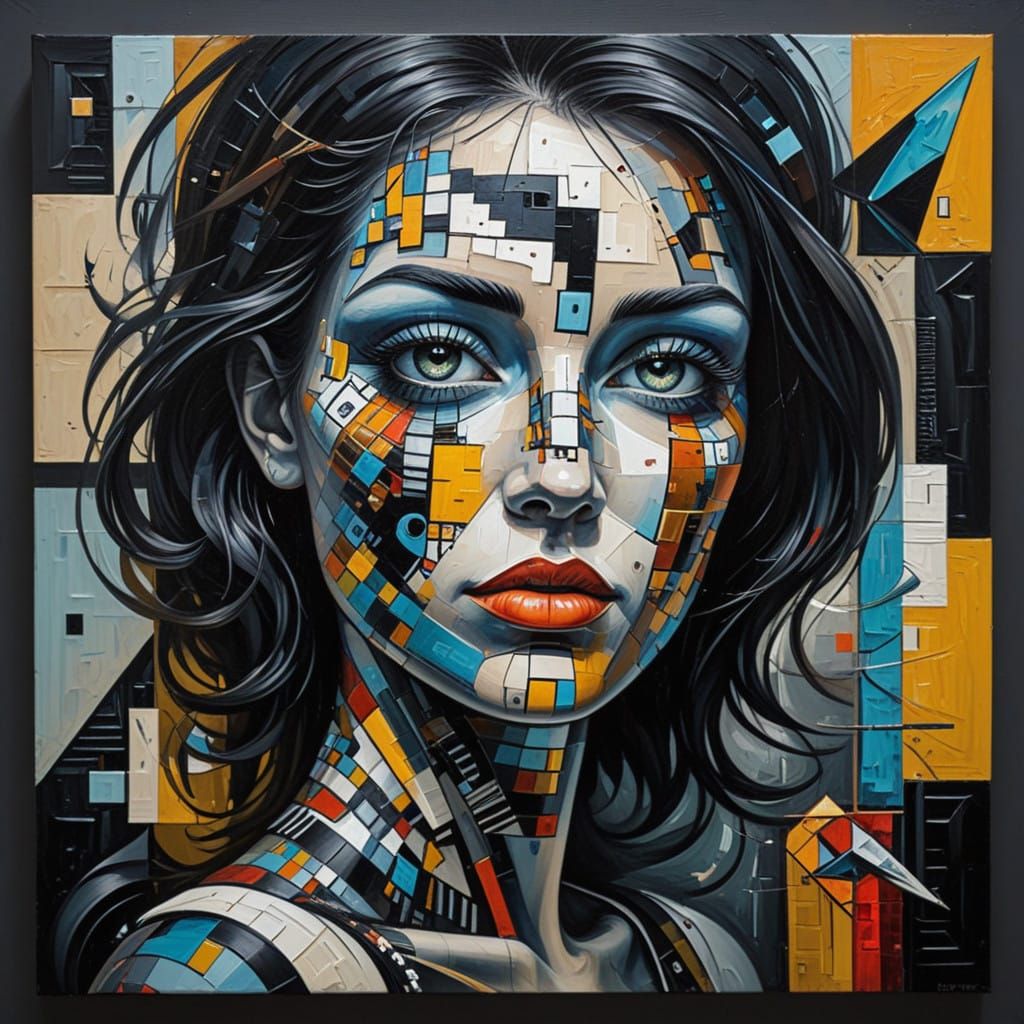 Cubist Surrealist Oil Painting of a Lady in a Strange World