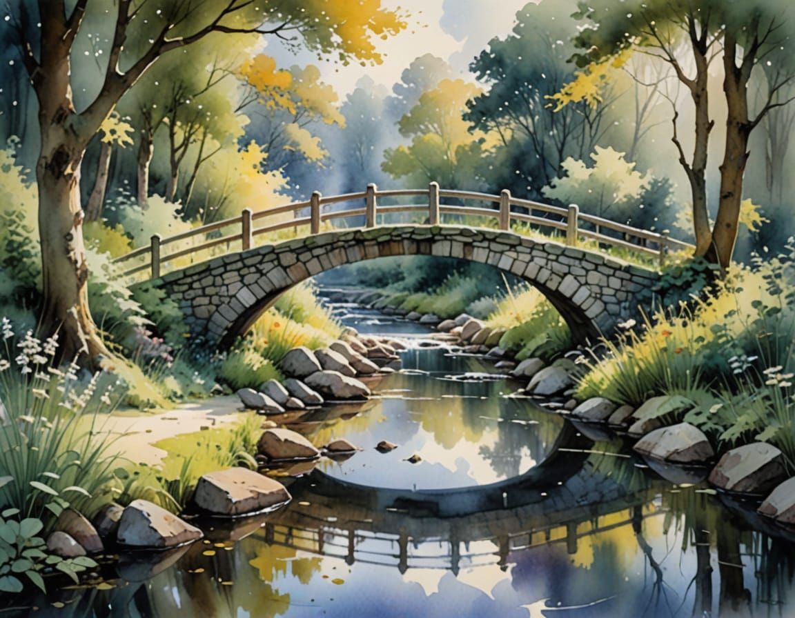 Fairytale Bridge over Stream in Watercolor Style