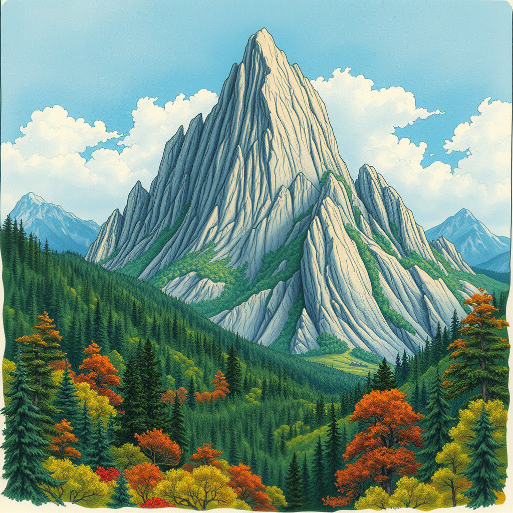 Dreamlike Mountain Realm in Whimsical, Folk-Art-Inspired Sty...