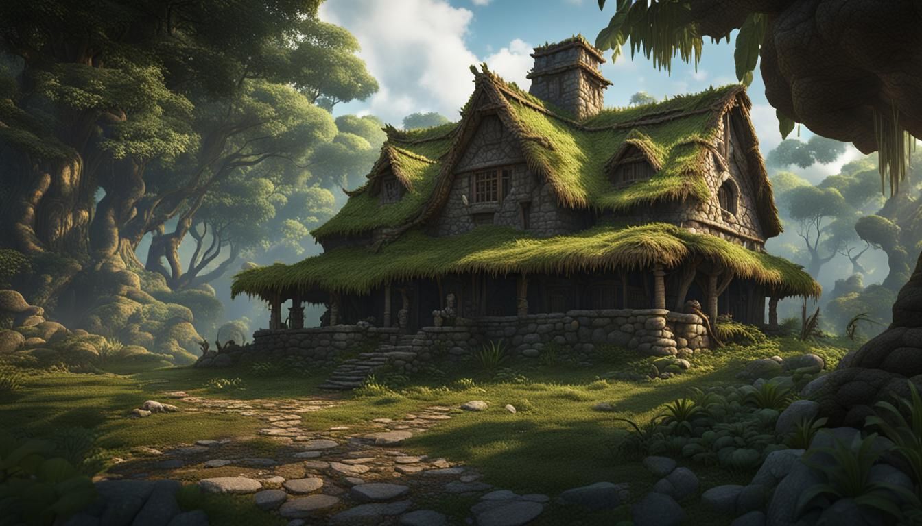 Rustic Stone House with Straw Roof in Jungle