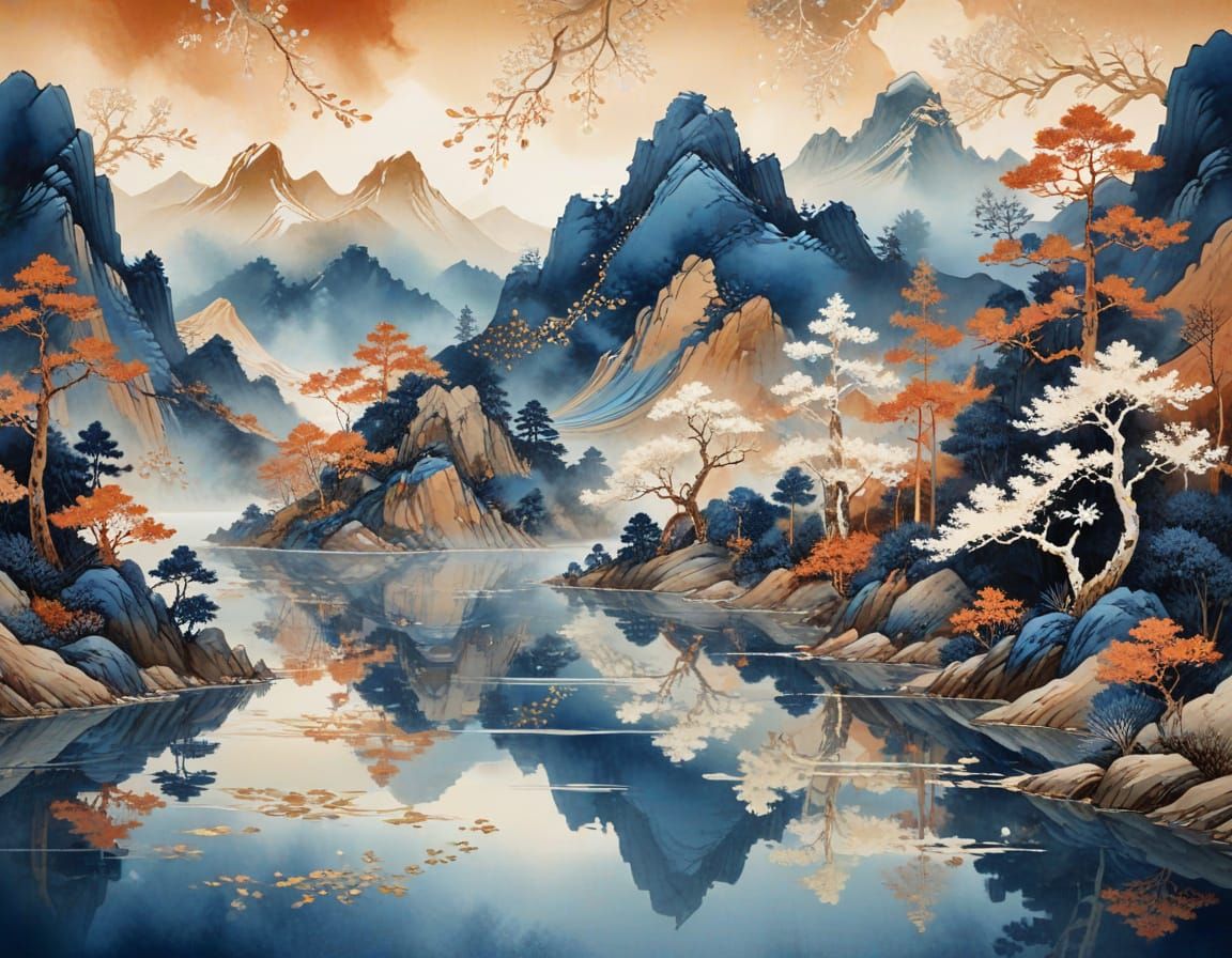 Crystal Mountain Lake: Chinese Ink Landscape