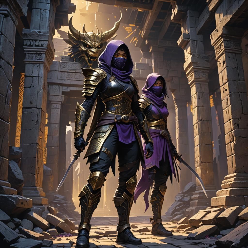 Ninja and Demon in Ruined Temple, Fantasy Art