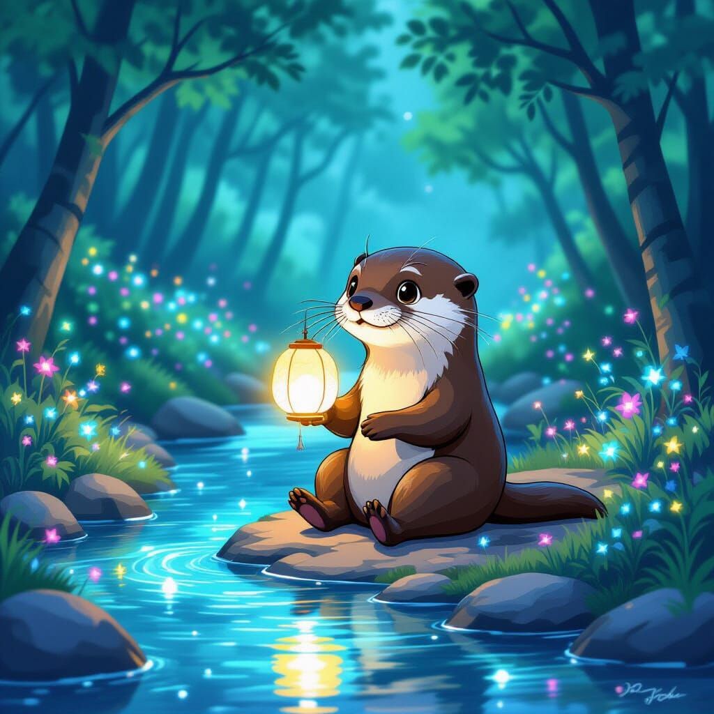 Glowing Otter in Bioluminescent Ghibli Forest